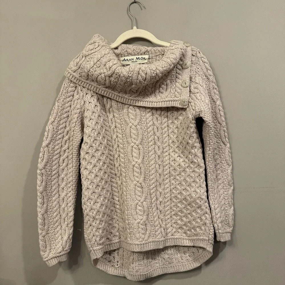 Aran Mor Wool Asymmetrical Cableknit Sweater Ireland XS Ivory Cozy